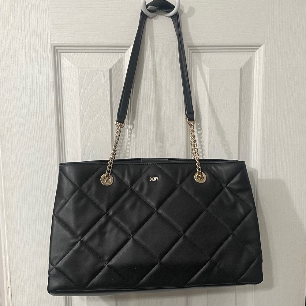 DKNY Black Quilted Shoulder Bag with Gold Accents